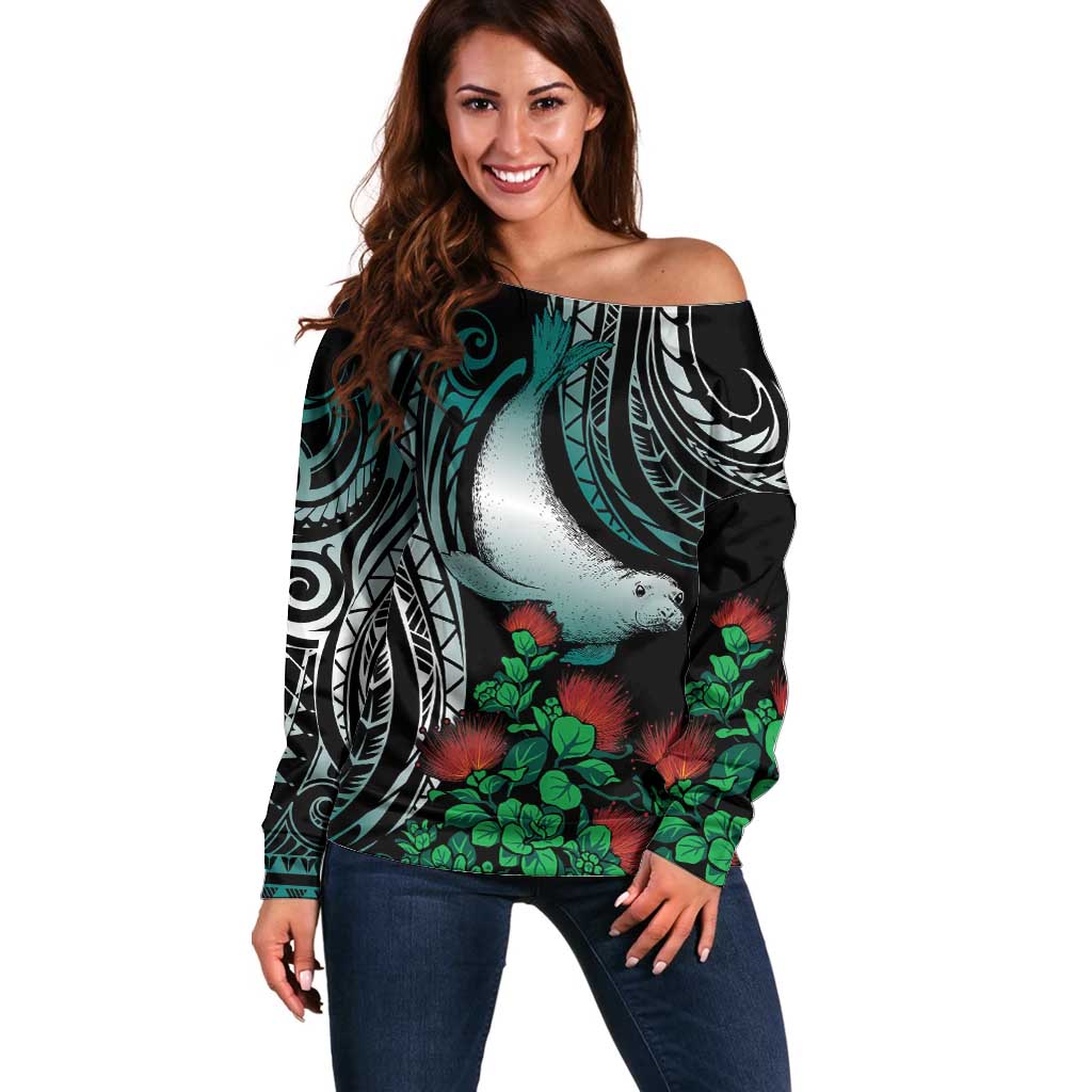 Aloha Hawaii Monk Seal Off Shoulder Sweater Mix Ohia Lehua LT7 Women Teal - Polynesian Pride