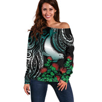 Aloha Hawaii Monk Seal Off Shoulder Sweater Mix Ohia Lehua LT7 Women Teal - Polynesian Pride