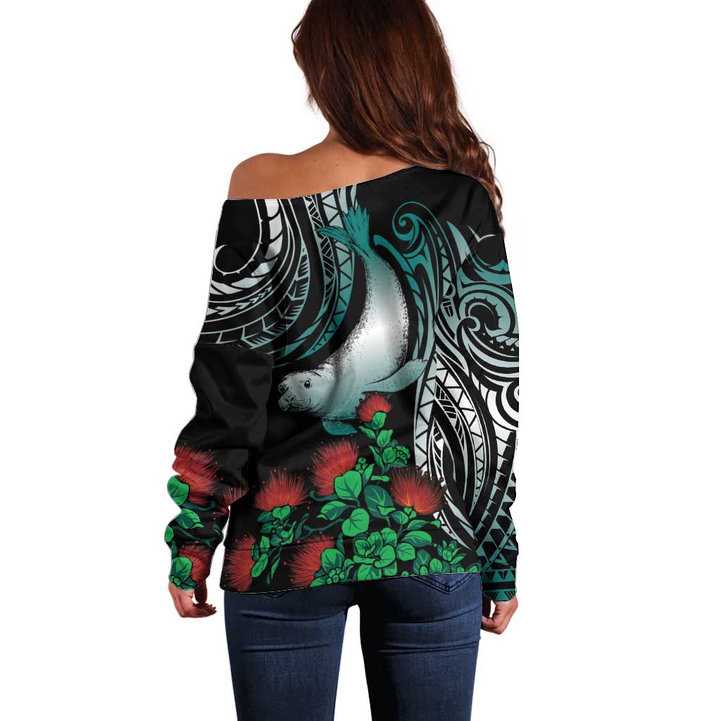 Aloha Hawaii Monk Seal Off Shoulder Sweater Mix Ohia Lehua LT7 - Polynesian Pride