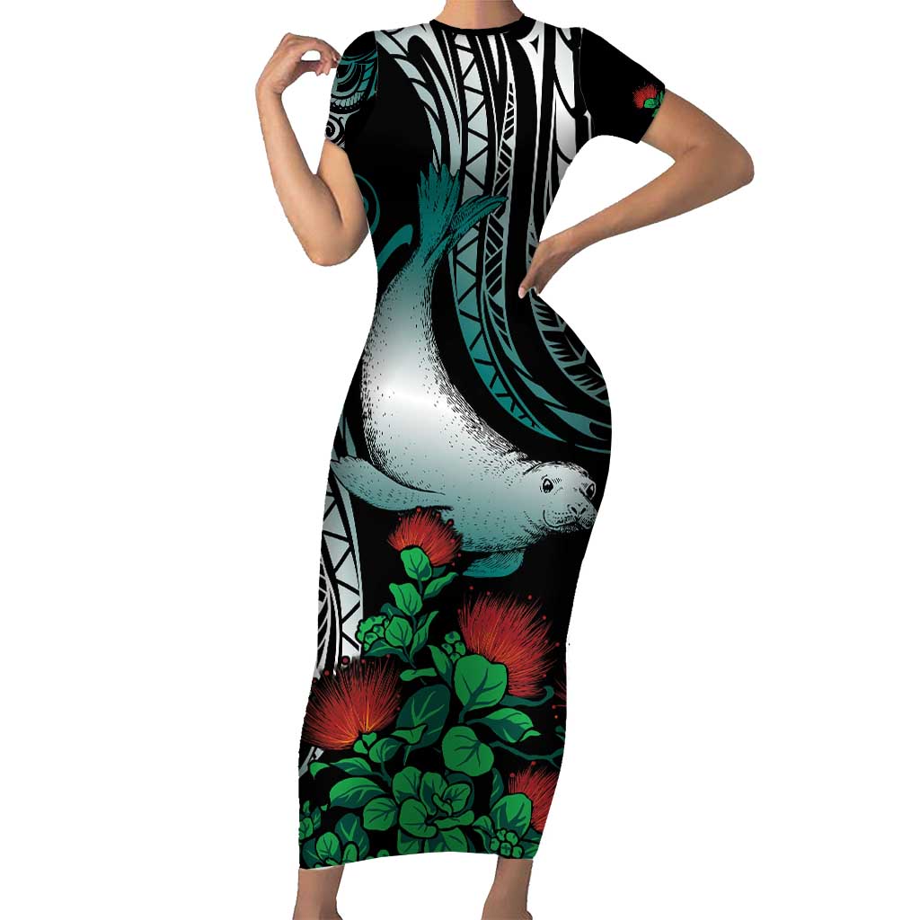 Aloha Hawaii Monk Seal Short Sleeve Bodycon Dress Mix Ohia Lehua LT7 Long Dress Teal - Polynesian Pride