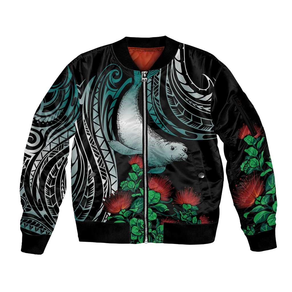 Aloha Hawaii Monk Seal Sleeve Zip Bomber Jacket Mix Ohia Lehua LT7 Unisex Teal - Polynesian Pride