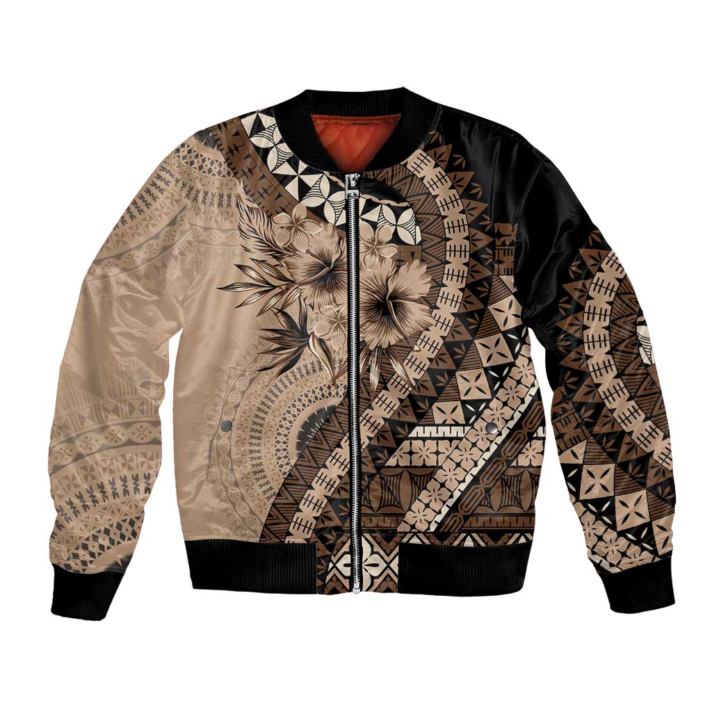 Bula Fiji Bomber Jacket Mocha Brown Kaivity Masi Tapa LT7 Unisex Brown - Polynesian Pride