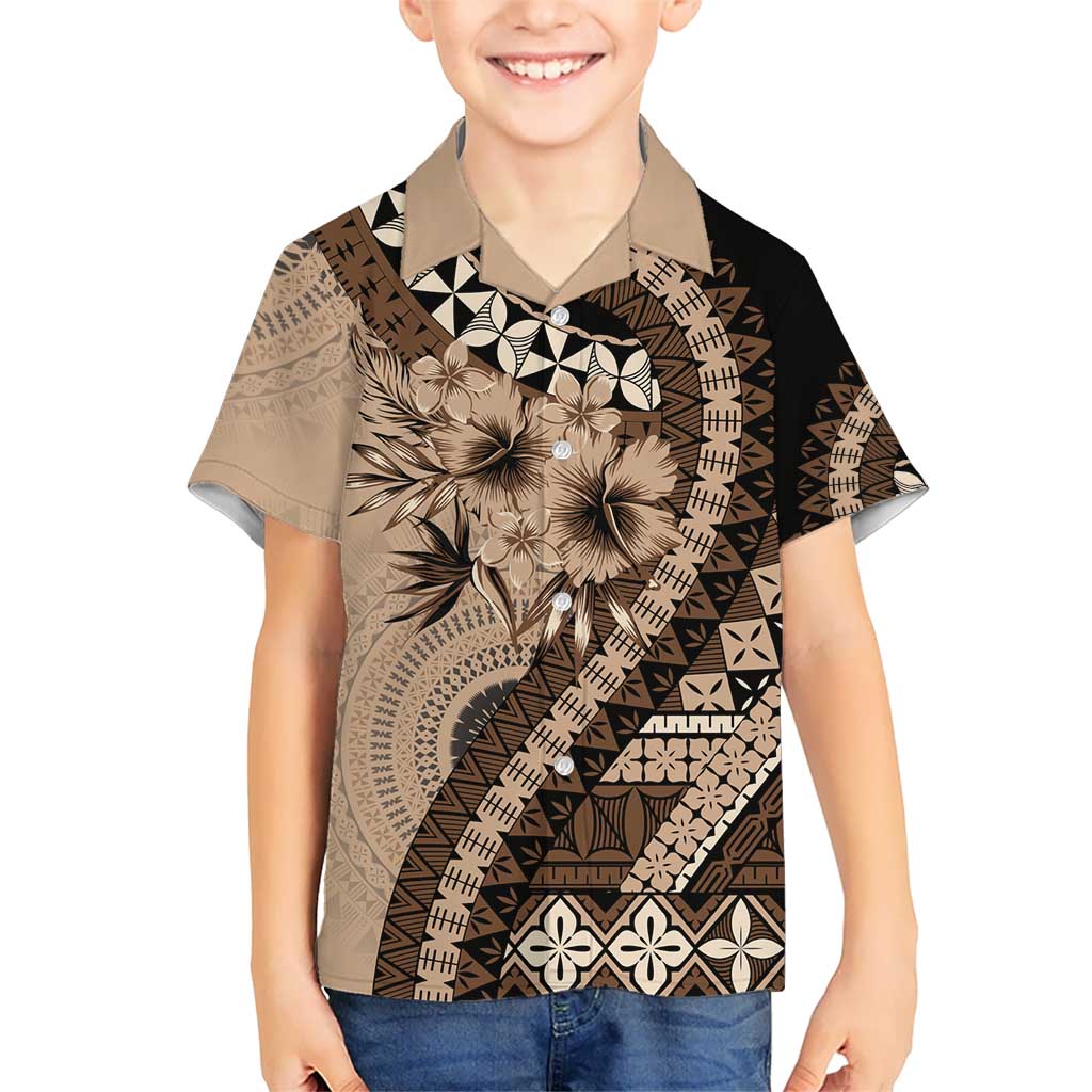 Bula Fiji Kid Hawaiian Shirt Mocha Brown Kaivity Masi Tapa LT7 Kid Brown - Polynesian Pride