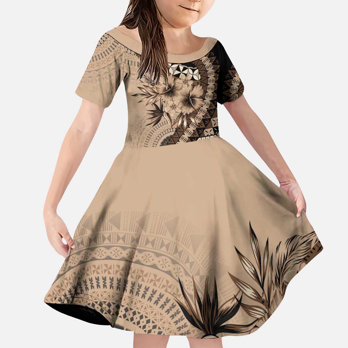 Bula Fiji Kid Short Sleeve Dress Mocha Brown Kaivity Masi Tapa LT7 KID Brown - Polynesian Pride