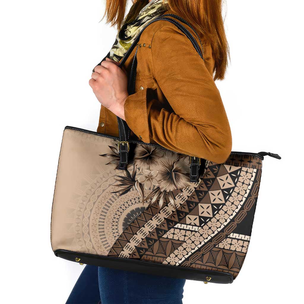 Bula Fiji Leather Tote Bag Mocha Brown Kaivity Masi Tapa LT7 Brown - Polynesian Pride