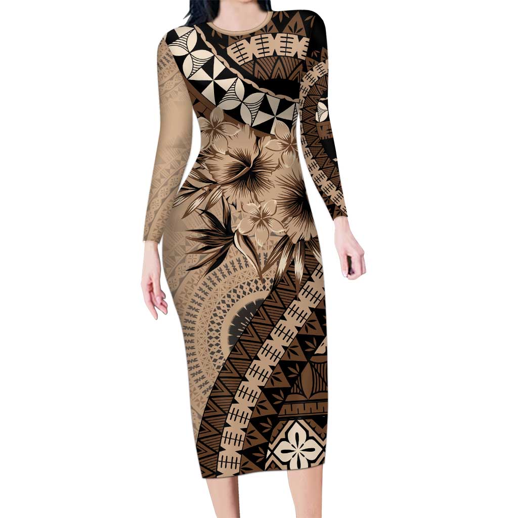 Bula Fiji Long Sleeve Bodycon Dress Mocha Brown Kaivity Masi Tapa LT7 Long Dress Brown - Polynesian Pride