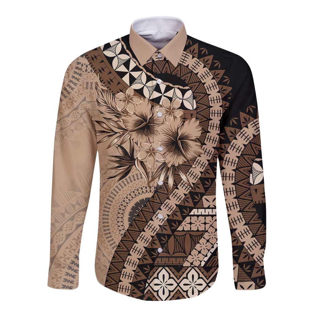 Bula Fiji Long Sleeve Button Shirt Mocha Brown Kaivity Masi Tapa LT7 Unisex Brown - Polynesian Pride
