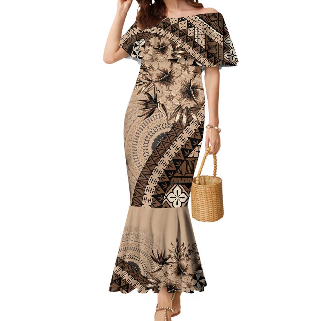 Bula Fiji Mermaid Dress Mocha Brown Kaivity Masi Tapa LT7 Women Brown - Polynesian Pride