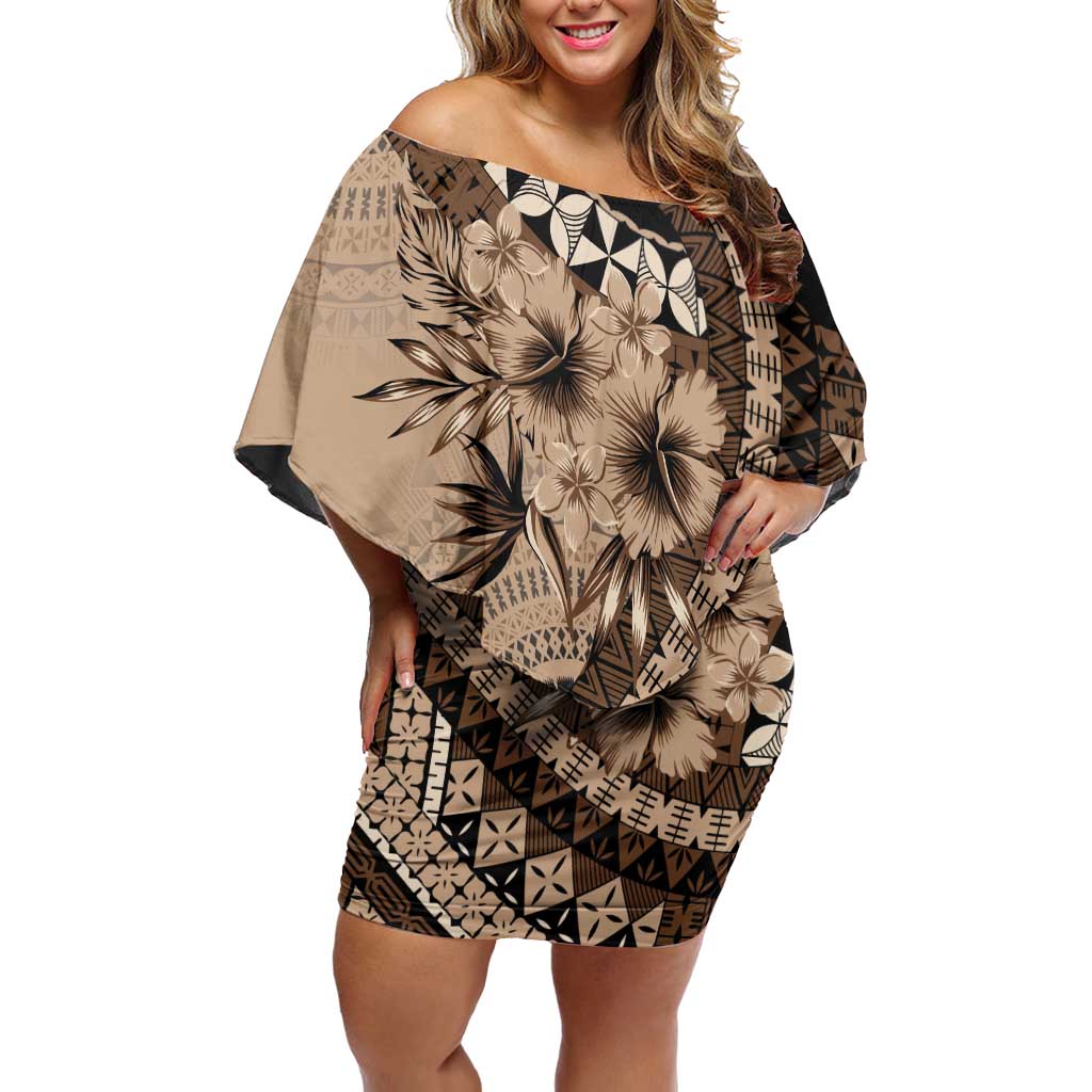 Bula Fiji Off Shoulder Short Dress Mocha Brown Kaivity Masi Tapa LT7 Women Brown - Polynesian Pride