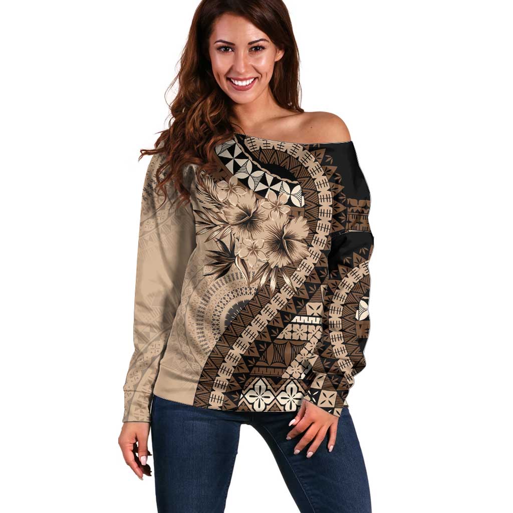 Bula Fiji Off Shoulder Sweater Mocha Brown Kaivity Masi Tapa LT7 Women Brown - Polynesian Pride