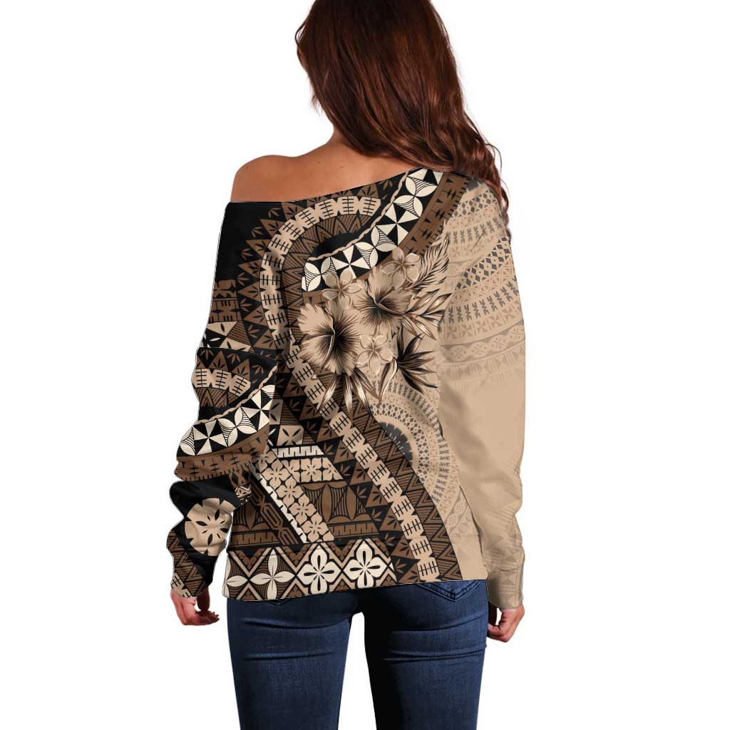 Bula Fiji Off Shoulder Sweater Mocha Brown Kaivity Masi Tapa LT7 - Polynesian Pride