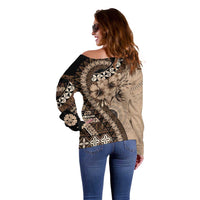 Bula Fiji Off Shoulder Sweater Mocha Brown Kaivity Masi Tapa LT7 - Polynesian Pride