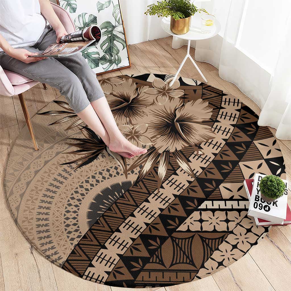 Bula Fiji Round Carpet Mocha Brown Kaivity Masi Tapa LT7 - Polynesian Pride