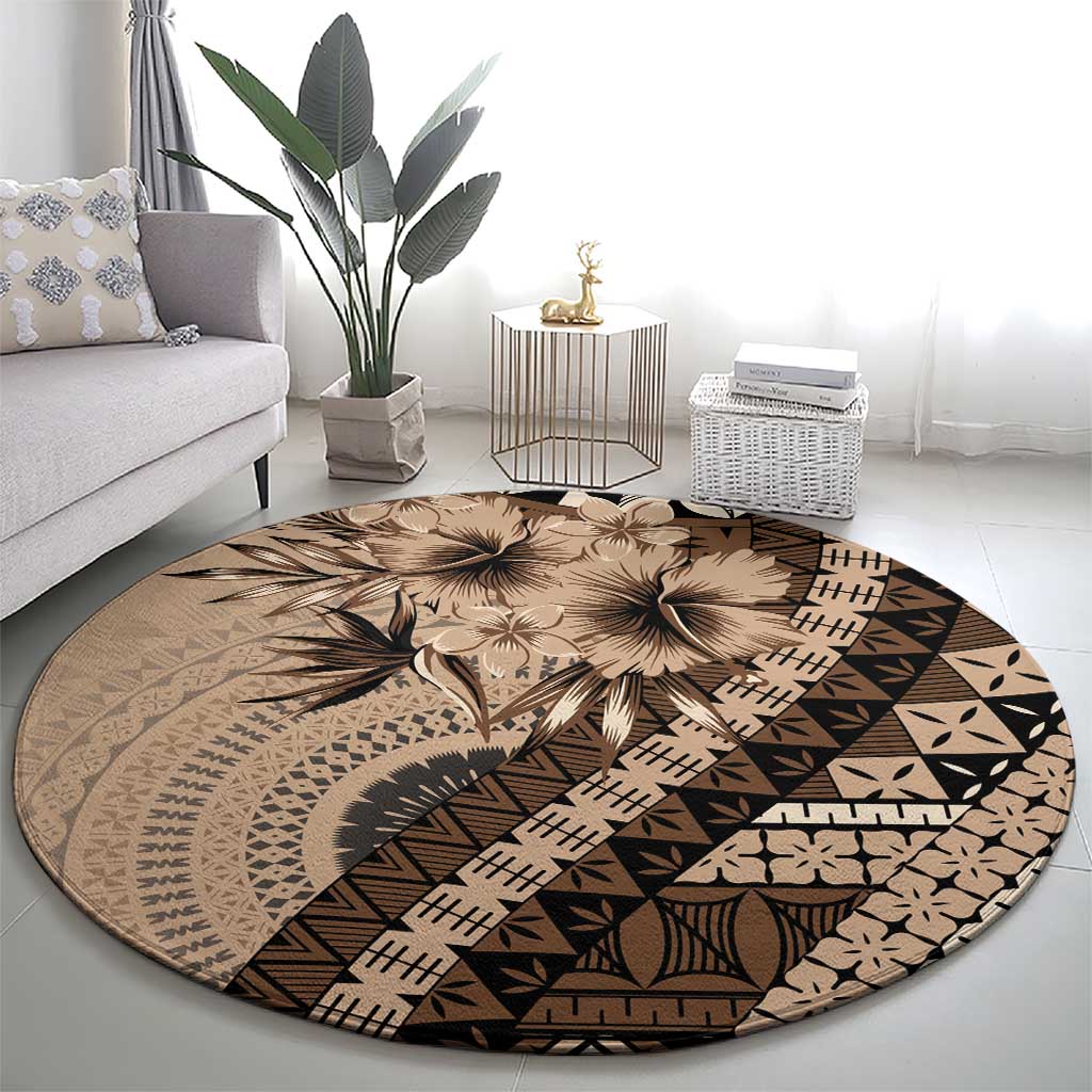 Bula Fiji Round Carpet Mocha Brown Kaivity Masi Tapa LT7 - Polynesian Pride
