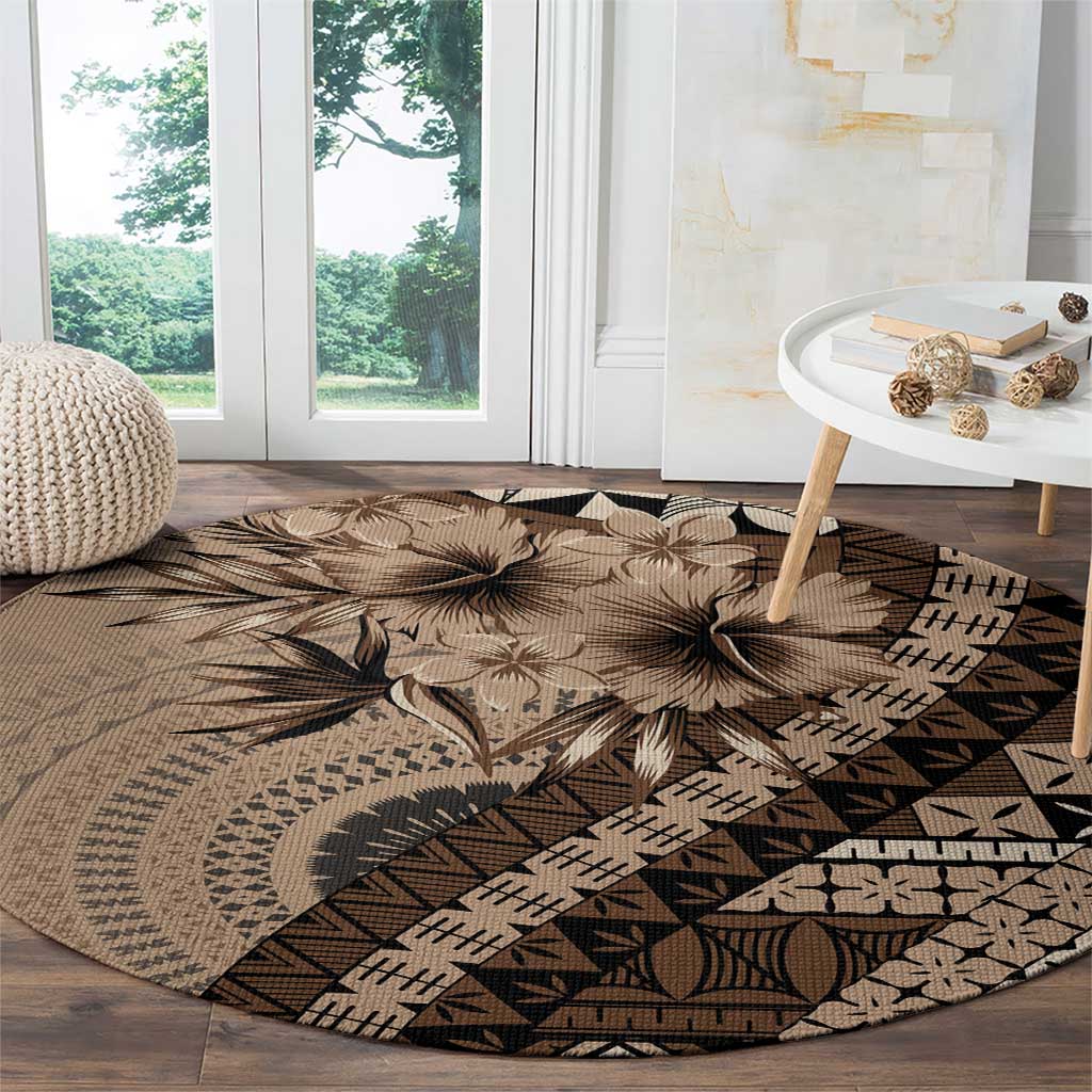 Bula Fiji Round Carpet Mocha Brown Kaivity Masi Tapa LT7 - Polynesian Pride