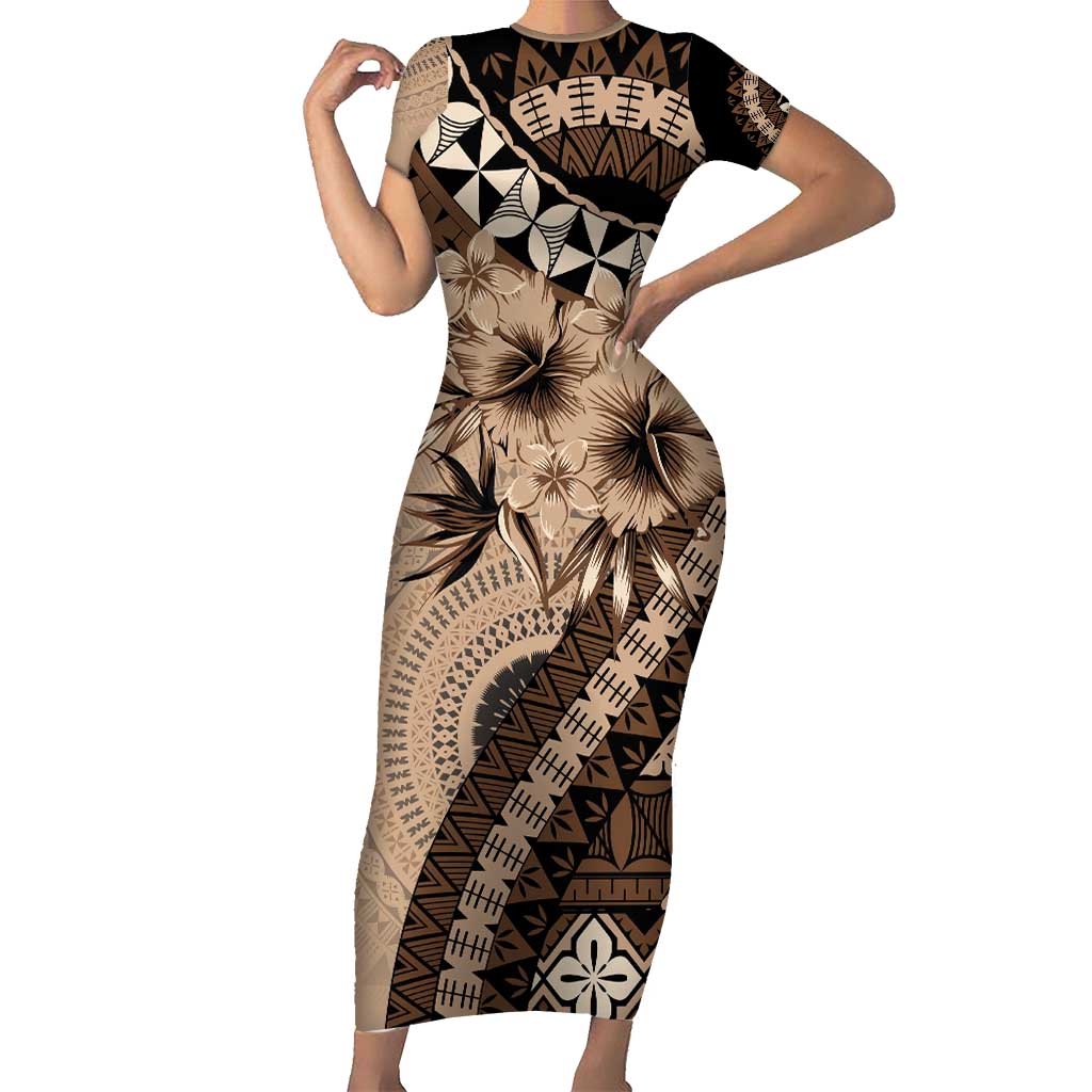 Bula Fiji Short Sleeve Bodycon Dress Mocha Brown Kaivity Masi Tapa LT7 Long Dress Brown - Polynesian Pride
