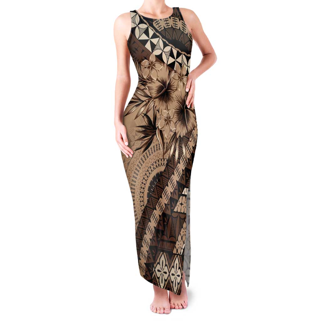 Bula Fiji Tank Maxi Dress Mocha Brown Kaivity Masi Tapa LT7 Women Brown - Polynesian Pride
