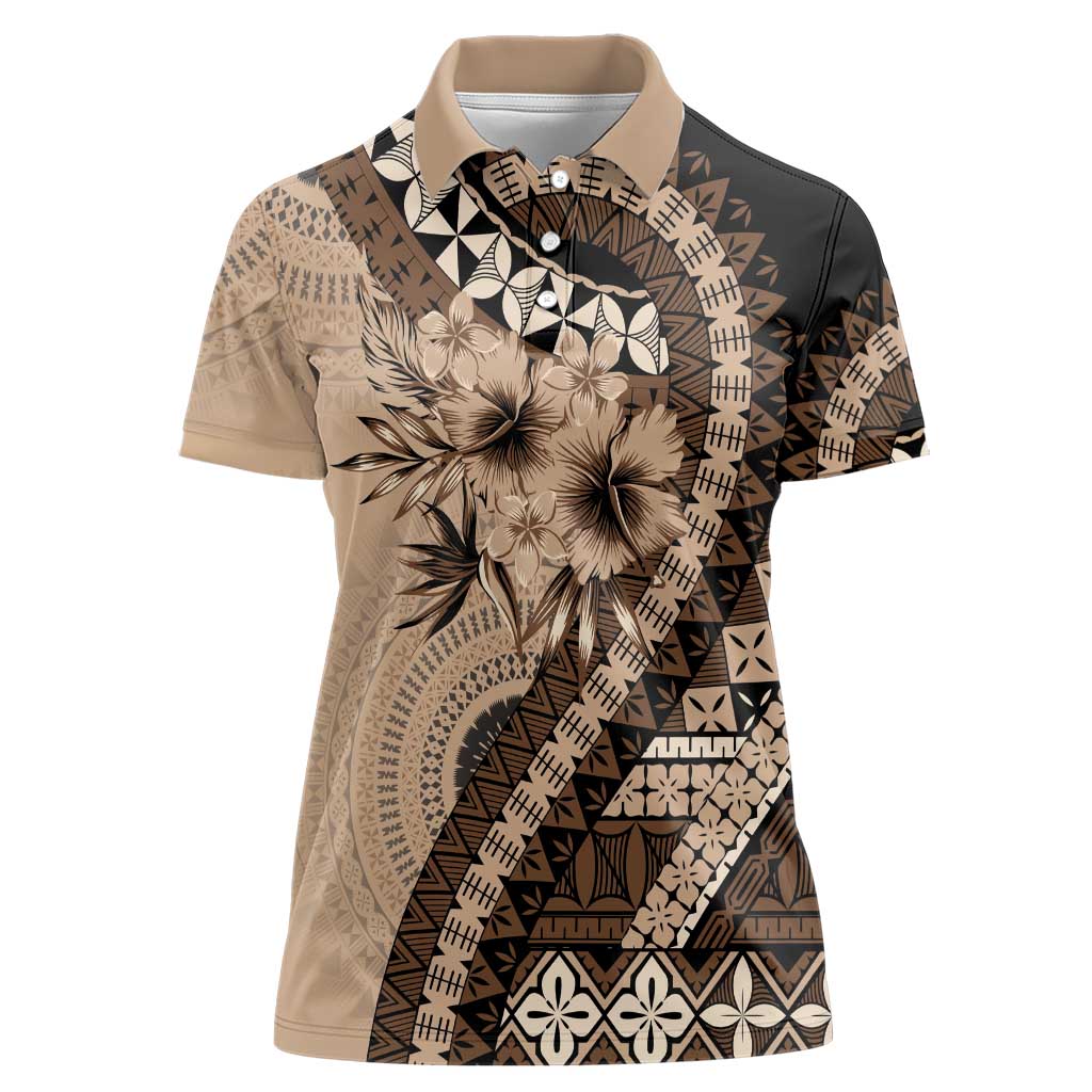 Bula Fiji Women Polo Shirt Mocha Brown Kaivity Masi Tapa LT7 Female Brown - Polynesian Pride