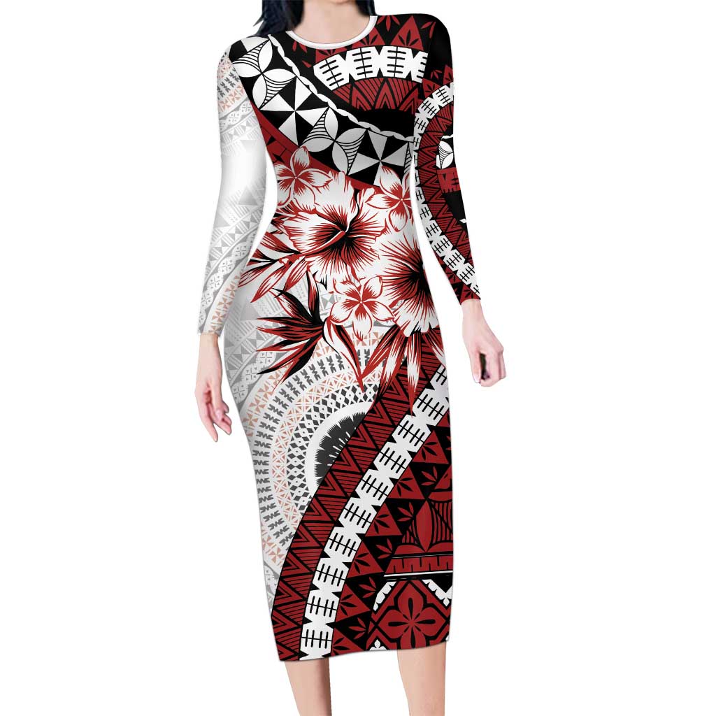 Bula Fiji Long Sleeve Bodycon Dress White Kaivity Masi Tapa LT7 Long Dress White - Polynesian Pride