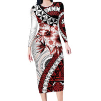 Bula Fiji Long Sleeve Bodycon Dress White Kaivity Masi Tapa LT7 Long Dress White - Polynesian Pride