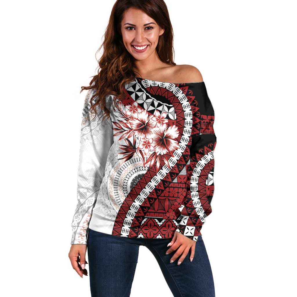 Bula Fiji Off Shoulder Sweater White Kaivity Masi Tapa LT7 Women White - Polynesian Pride