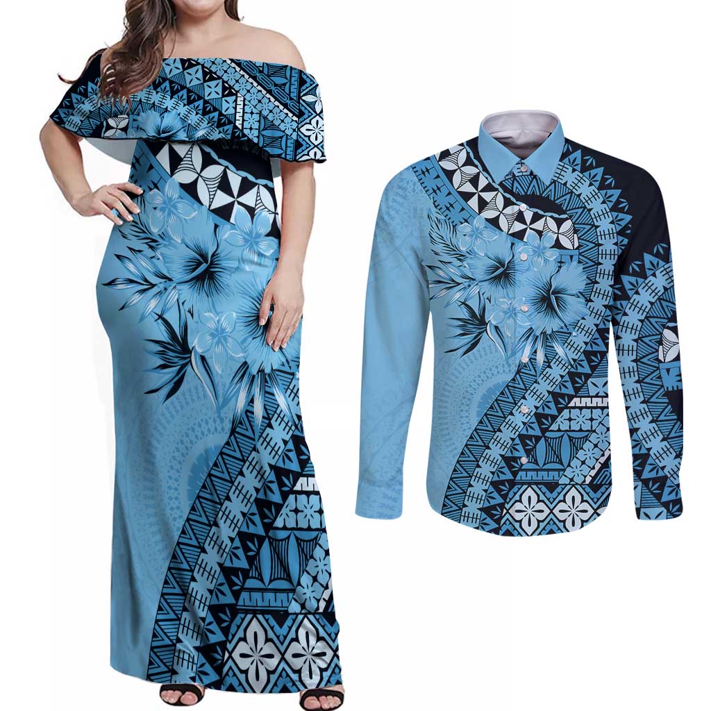Bula Fiji Couples Matching Off Shoulder Maxi Dress and Long Sleeve Button Shirt Turquoise Kaivity Masi Tapa LT7 Turquoise - Polynesian Pride