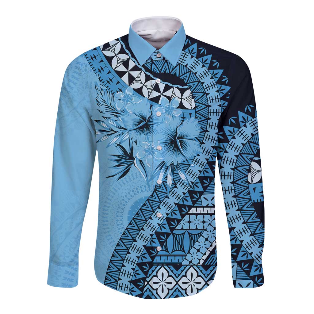 Bula Fiji Long Sleeve Button Shirt Turquoise Kaivity Masi Tapa LT7 Unisex Turquoise - Polynesian Pride