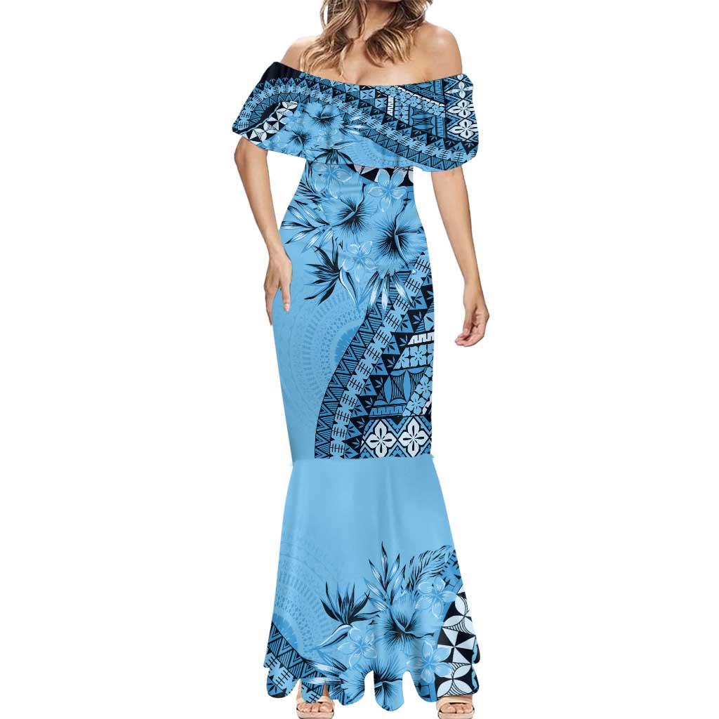 Bula Fiji Mermaid Dress Turquoise Kaivity Masi Tapa LT7 - Polynesian Pride