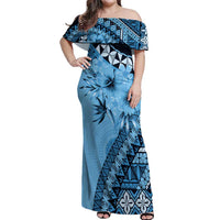 Bula Fiji Off Shoulder Maxi Dress Turquoise Kaivity Masi Tapa LT7 Women Turquoise - Polynesian Pride