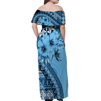 Bula Fiji Off Shoulder Maxi Dress Turquoise Kaivity Masi Tapa LT7 - Polynesian Pride