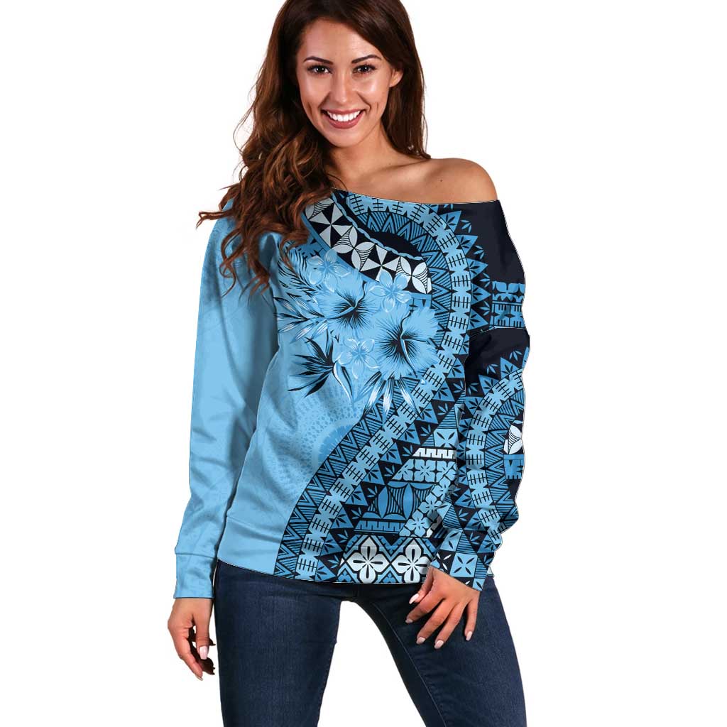 Bula Fiji Off Shoulder Sweater Turquoise Kaivity Masi Tapa LT7 Women Turquoise - Polynesian Pride