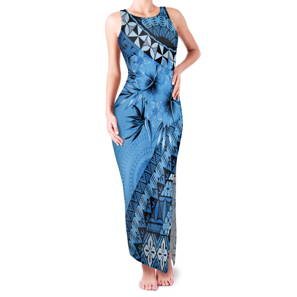 Bula Fiji Tank Maxi Dress Turquoise Kaivity Masi Tapa LT7 Women Turquoise - Polynesian Pride