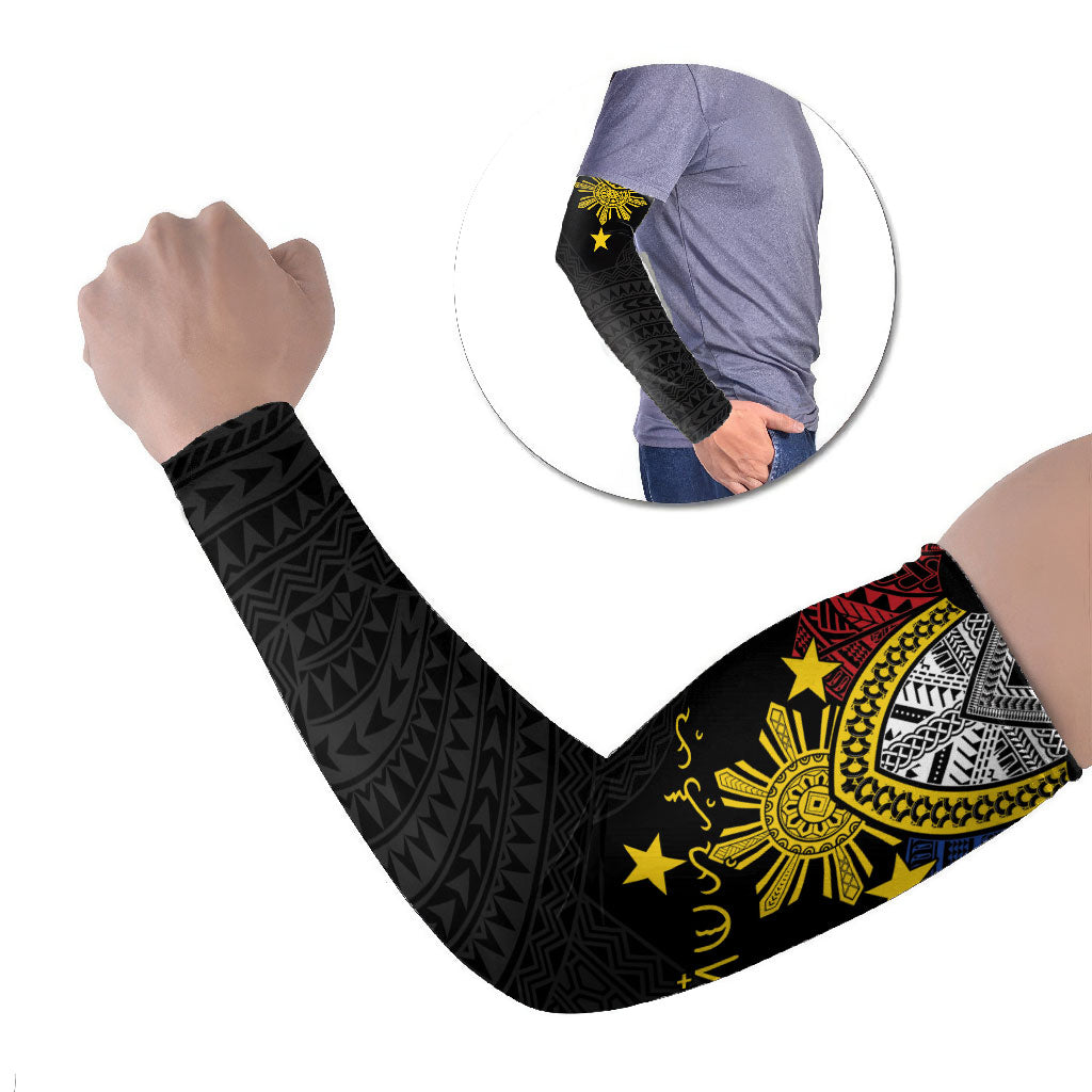 Philippines Heritage Baybayin Mix Polynesian Arm Sleeves LT7 Set of 2 Black - Polynesian Pride