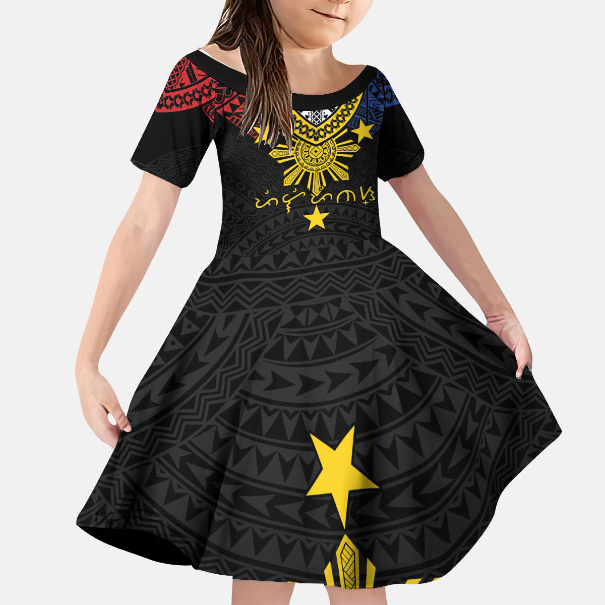Philippines Heritage Baybayin Mix Polynesian Kid Short Sleeve Dress LT7 KID Black - Polynesian Pride