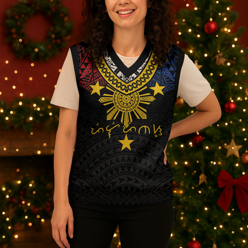 Philippines Heritage Baybayin Mix Polynesian Christmas Knitted V-Neck Vest
