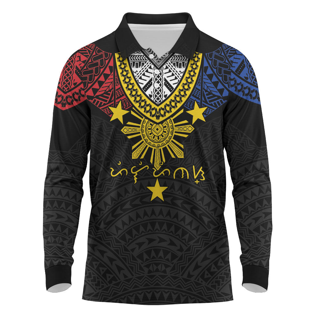 Philippines Heritage Baybayin Mix Polynesian Long Sleeve Polo Shirt LT7 Black - Polynesian Pride