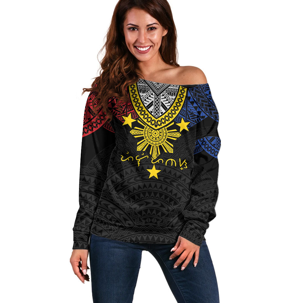 Philippines Heritage Baybayin Mix Polynesian Off Shoulder Sweater LT7 Women Black - Polynesian Pride