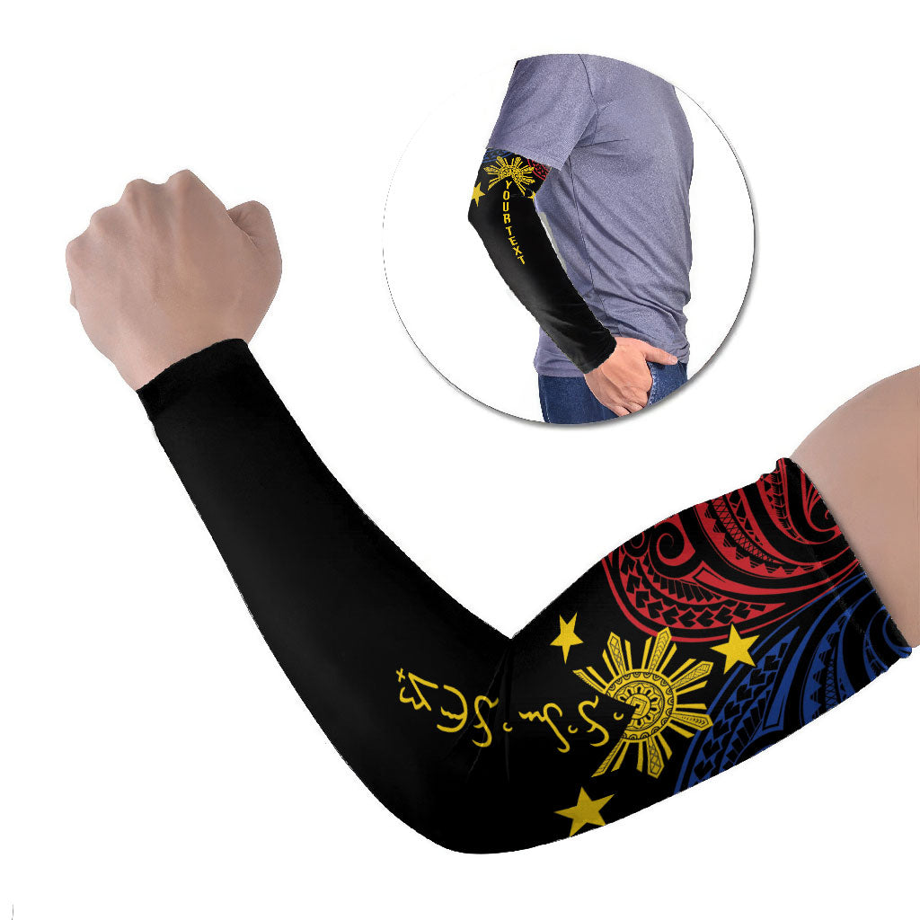Philippines Heritage Personalized Arm Sleeves Baybayin Philipinas Sun LT7 Set of 2 Black - Polynesian Pride