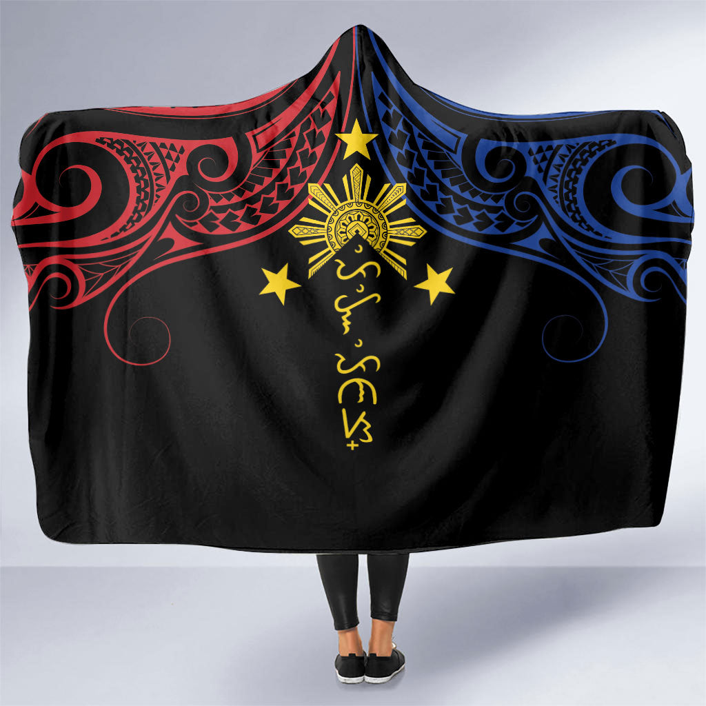 Philippines Heritage Hooded Blanket Baybayin Philipinas Sun LT7 One Size Black - Polynesian Pride