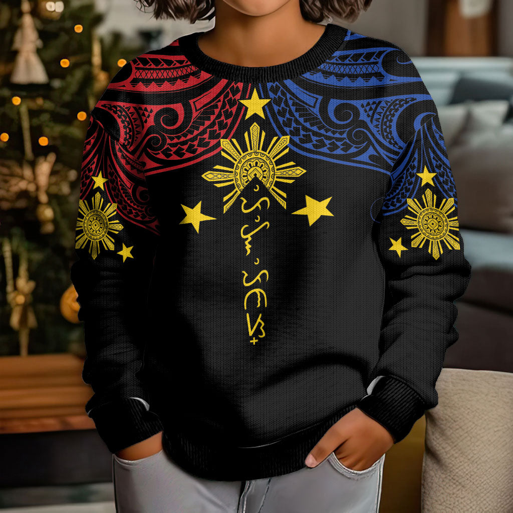 Philippines Heritage Personalized Kid Ugly Christmas Sweater Baybayin Philipinas Sun