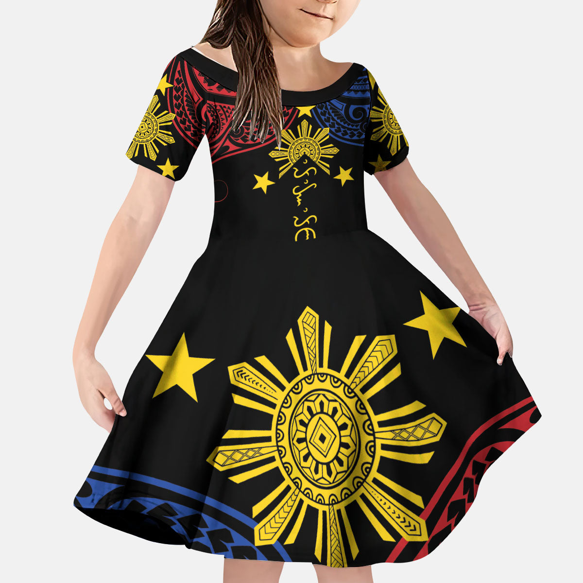Philippines Heritage Personalized Kid Short Sleeve Dress Baybayin Philipinas Sun LT7 KID Black - Polynesian Pride