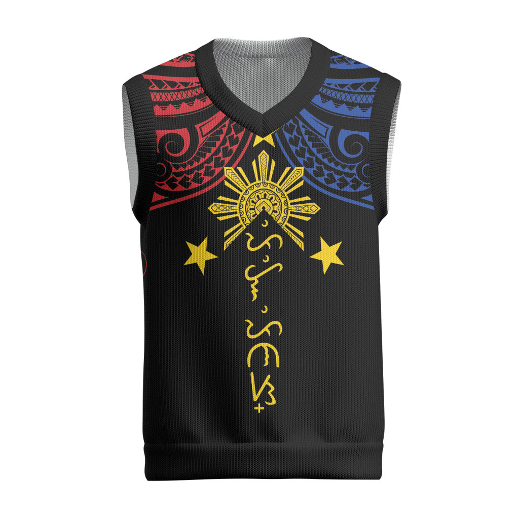 Philippines Heritage Personalized Christmas Knitted V-Neck Vest Baybayin Philipinas Sun