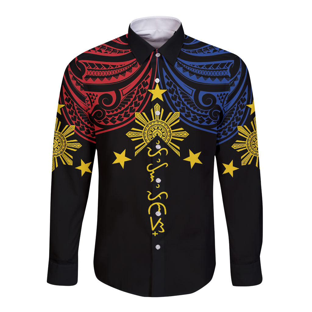 Philippines Heritage Personalized Long Sleeve Button Shirt Baybayin Philipinas Sun LT7 Unisex Black - Polynesian Pride