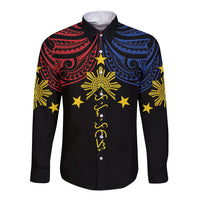Philippines Heritage Personalized Long Sleeve Button Shirt Baybayin Philipinas Sun LT7 Unisex Black - Polynesian Pride