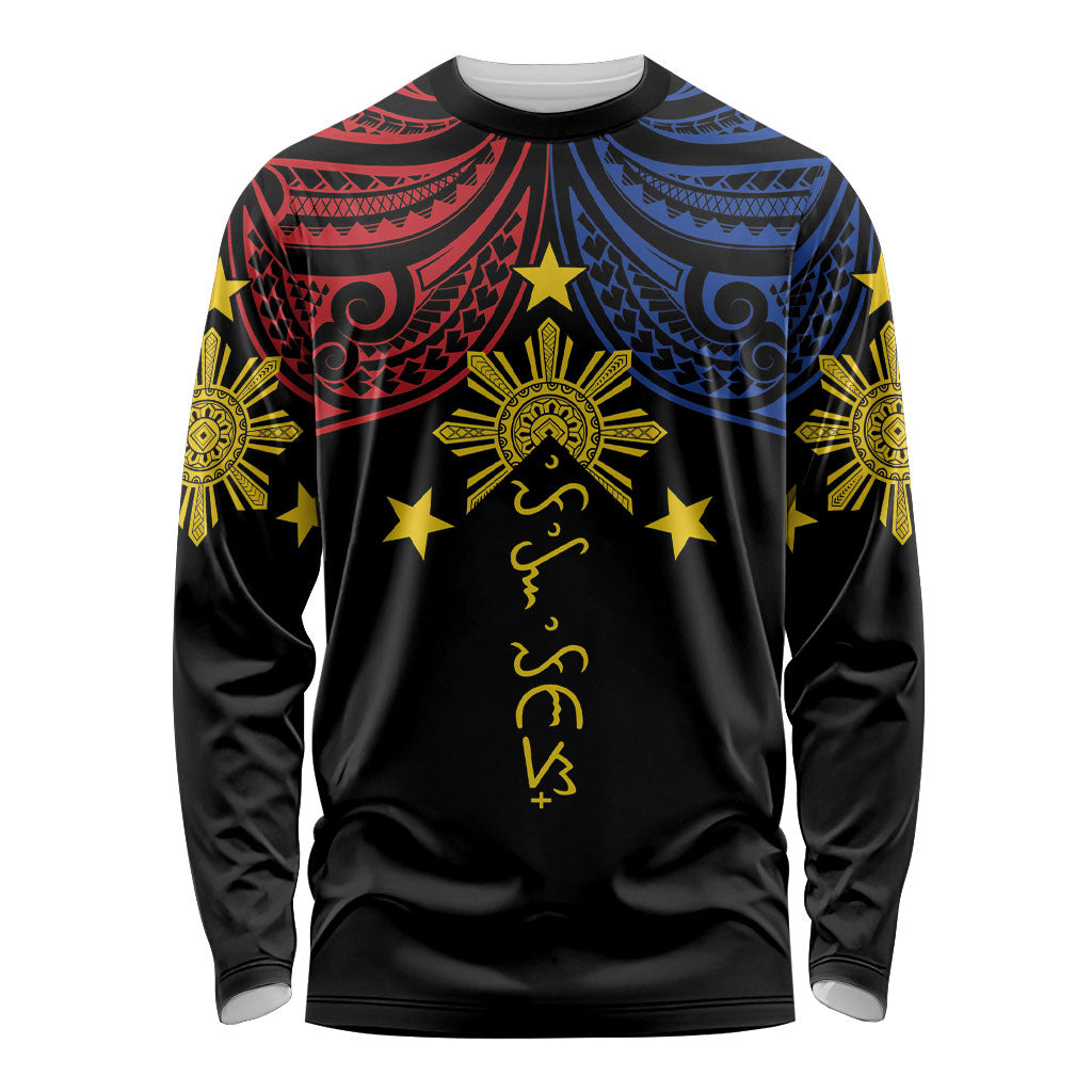 Philippines Heritage Personalized Long Sleeve Shirt Baybayin Philipinas Sun LT7 Unisex Black - Polynesian Pride