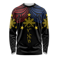 Philippines Heritage Personalized Long Sleeve Shirt Baybayin Philipinas Sun LT7 Unisex Black - Polynesian Pride