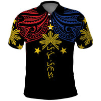 Philippines Heritage Personalized Polo Shirt Baybayin Philipinas Sun LT7 Black - Polynesian Pride