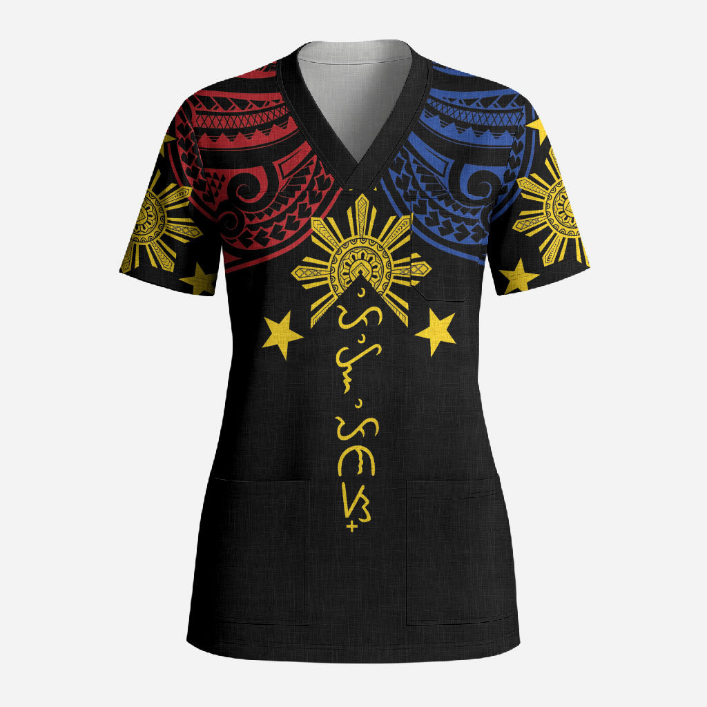 Philippines Heritage Personalized Scrub Top Baybayin Philipinas Sun LT7 Adult Black - Polynesian Pride