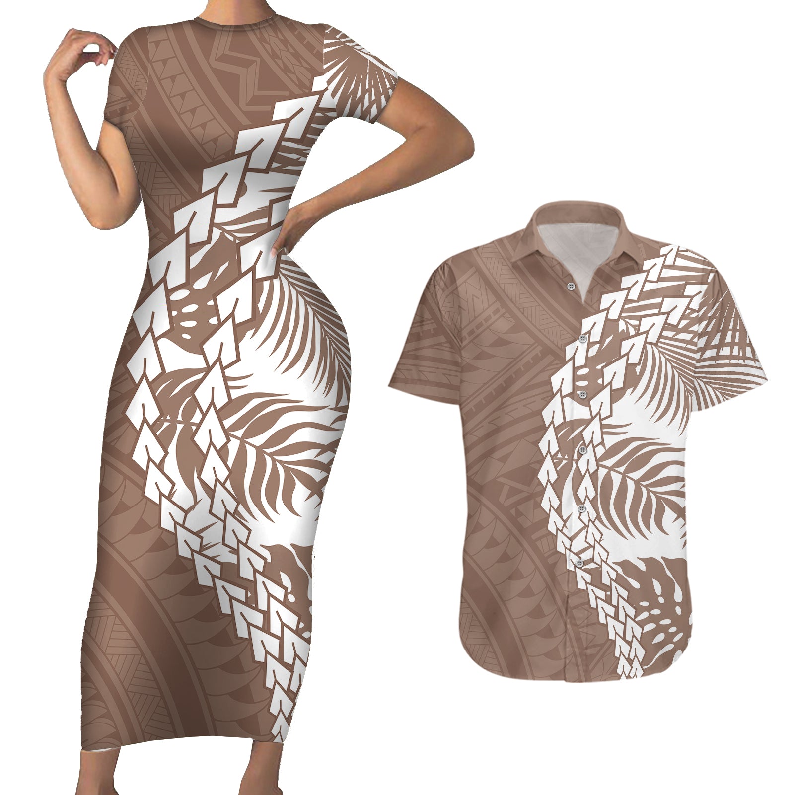 Polynesian Pride Couples Matching Short Sleeve Bodycon Dress and Hawaiian Shirt Polynesia Tribal - Tropical Brown LT7 Brown - Polynesian Pride