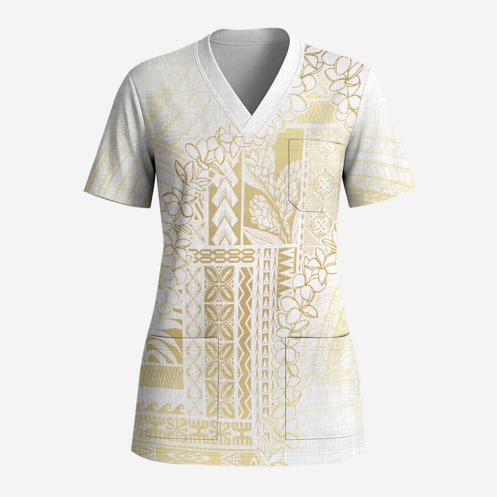 Samoa Lotu Tamaiti Mamanu Siapo Scrub Top Golden Plumeria LT7 Adult Gold - Polynesian Pride